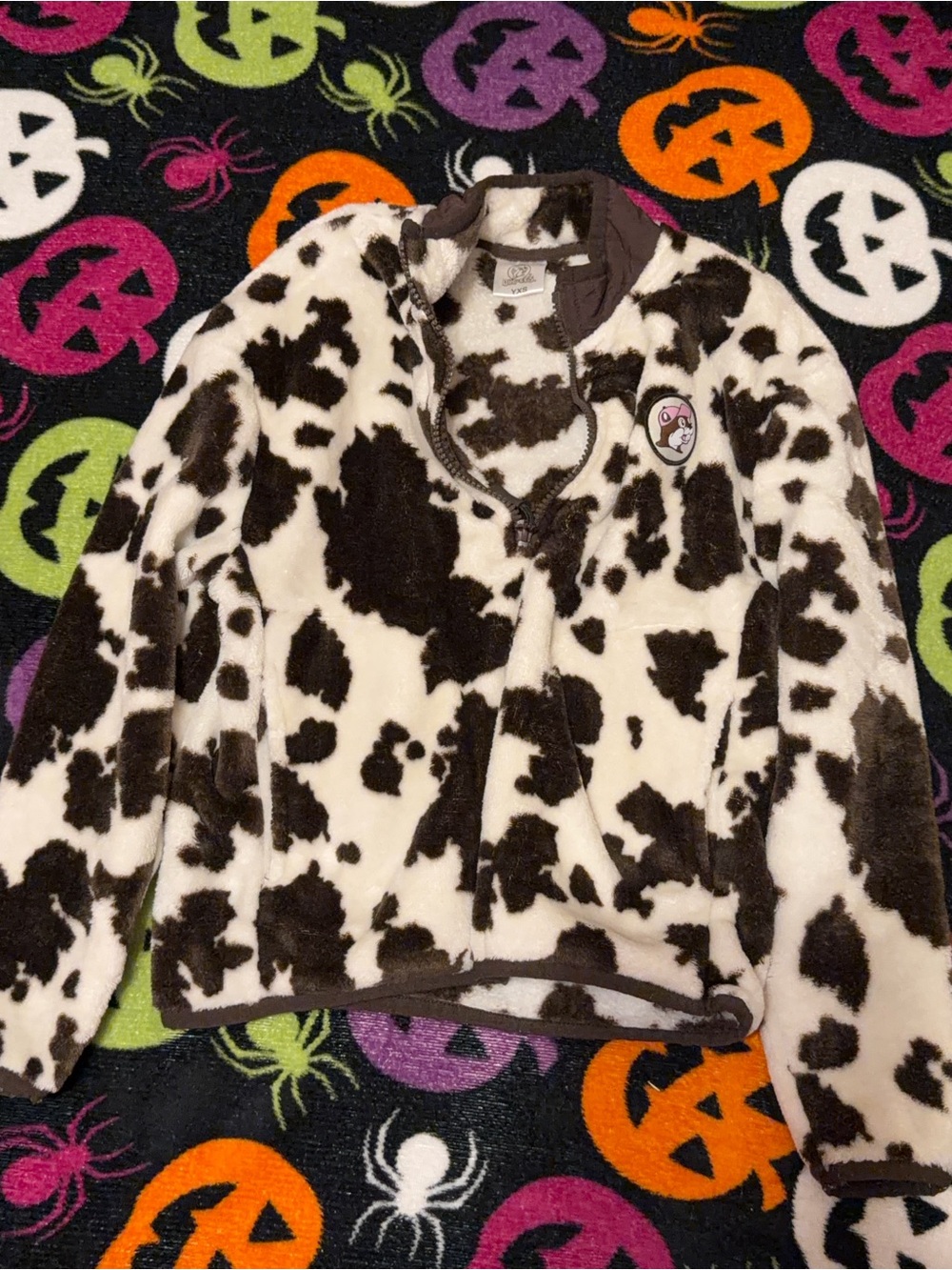 Kids Cow-Print Fleece Pullover Jacket - Brown & White